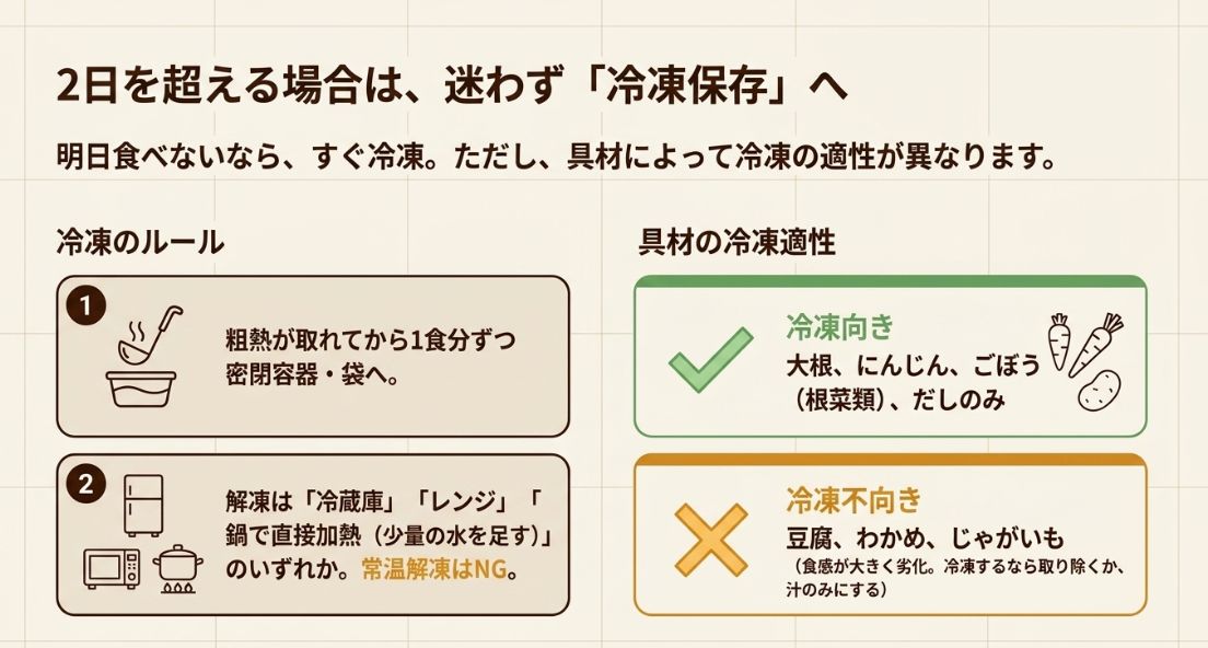 1食分ずつ密閉して冷凍するルールと、根菜（冷凍向き）や豆腐・じゃがいも（冷凍不向き）などの具材別適性を示す図。