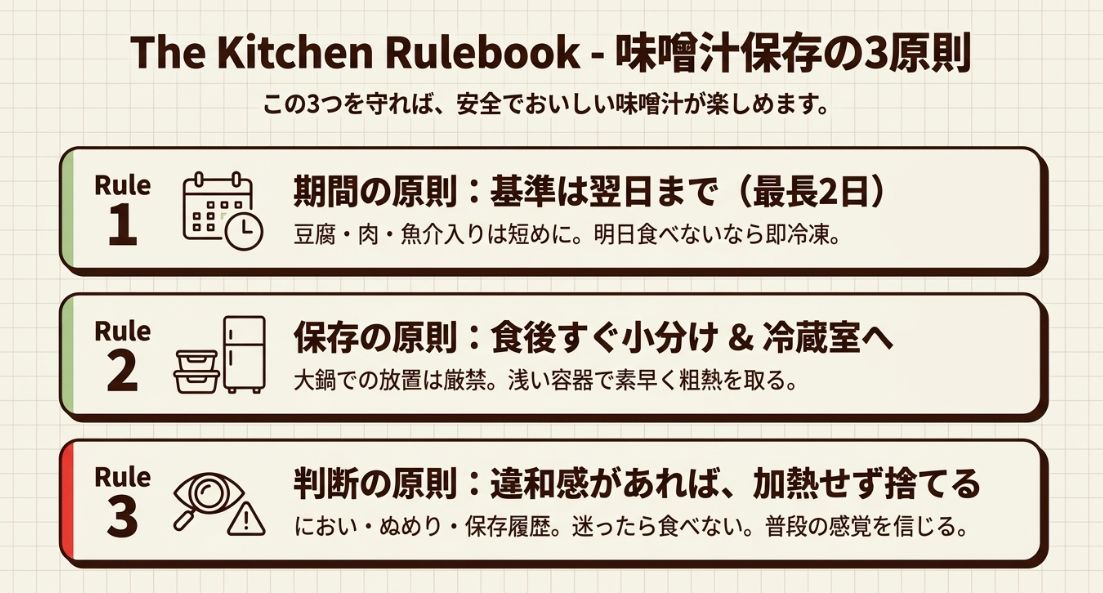 期間（翌日まで）、保存（すぐ小分け）、判断（迷ったら捨てる）という、安全においしく味噌汁を楽しむための3つの鉄則。