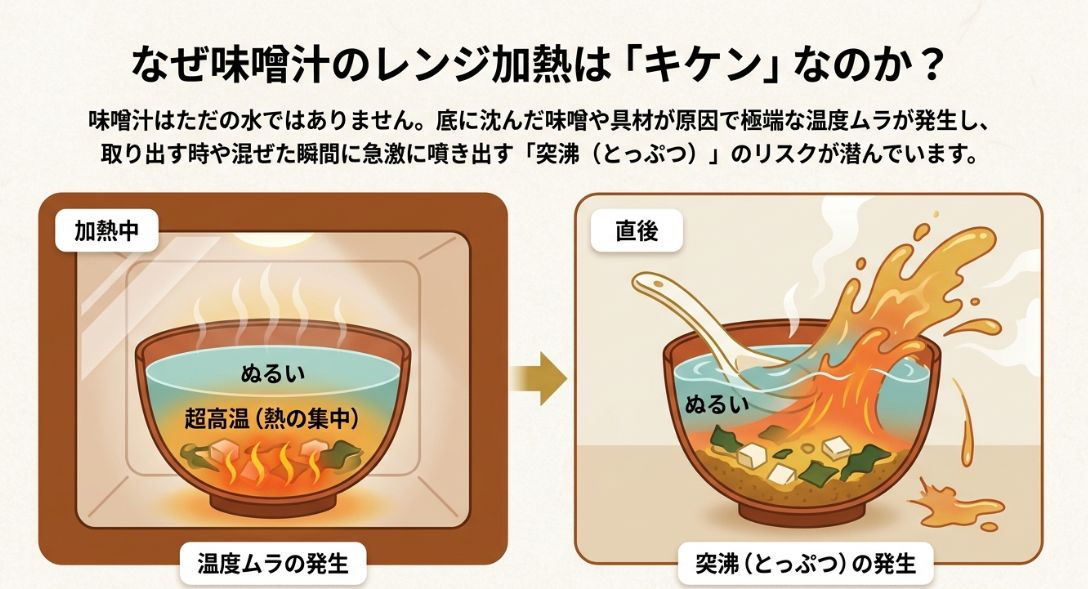 味噌汁をレンジ加熱した際、底に沈んだ味噌や具材によって温度ムラが発生し、取り出した瞬間に急激に噴き出す「突沸（とっぷつ）」の仕組みを解説したイラスト。