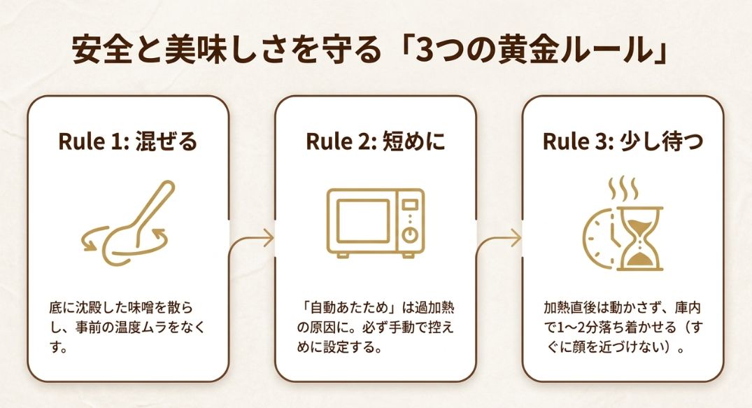味噌汁のレンジ温め直しにおける3つのルール「1.混ぜる（沈殿を散らす）、2.短めに（手動設定）、3.少し待つ（庫内で落ち着かせる）」を説明した図解。