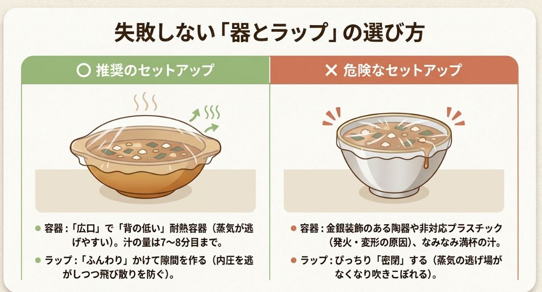 推奨される「広口で背の低い容器とふんわりラップ」のセットアップと、危険な「密閉ラップや金銀装飾のある非対応容器」の比較。