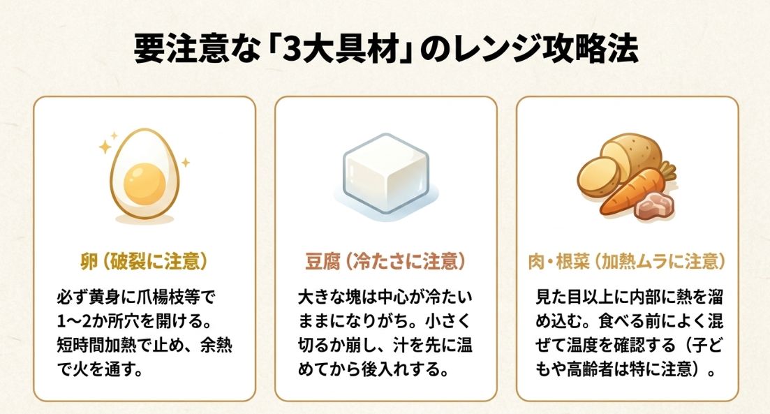 卵（黄身に穴を開ける）、豆腐（小さく切る）、肉・根菜（中心まで混ぜて確認）など、レンジ加熱時に注意が必要な具材の扱い方まとめ。