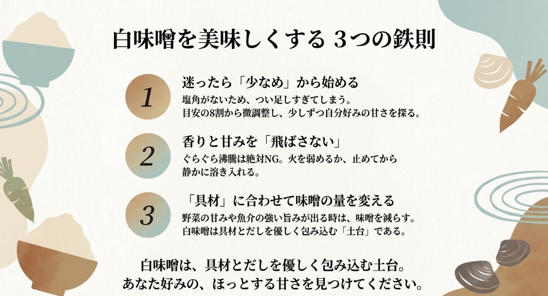 少なめから始める、香りを飛ばさない、具材に合わせて量を変えるという、白味噌を使いこなすための最終的なまとめ。