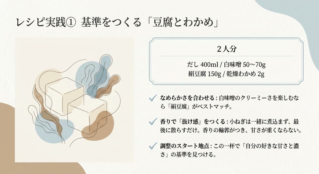 2人分の分量（だし400ml、白味噌50〜70gなど）と、絹豆腐でなめらかさを合わせ、小ねぎで抜け感を出すコツのまとめ。