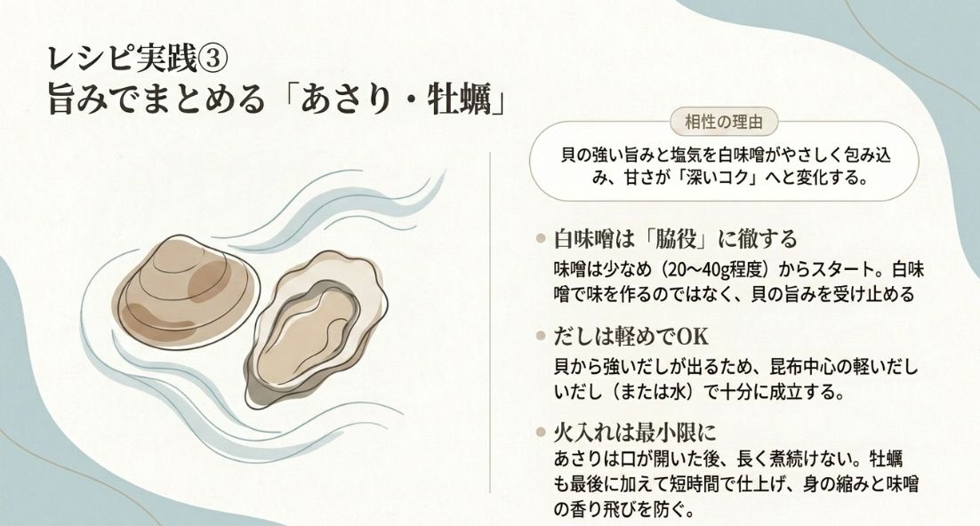 貝の旨みを活かすために白味噌は脇役に徹すること、だしは軽めで良いこと、身の縮みを防ぐため火入れを最小限にすることのまとめ。