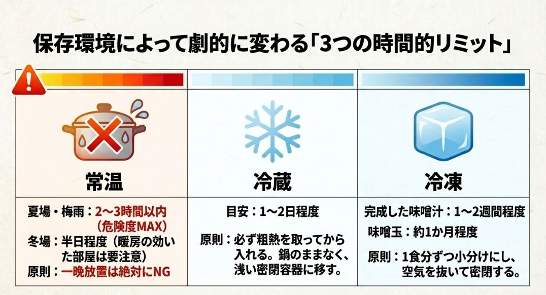 保存環境による3つの時間的リミット（常温：夏場2〜3時間/冬場半日、冷蔵：1〜2日、冷凍：1〜2週間）をまとめた比較表。