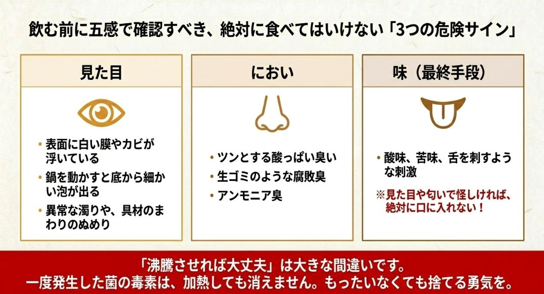 五感で確認すべき危険サイン（見た目：カビや泡、におい：酸っぱい・腐敗臭、味：酸味や刺激）のチェックリスト。「加熱すれば大丈夫」は間違いであるという注意喚起。