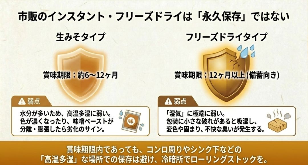 生みそタイプ（高温多湿に弱い）とフリーズドライタイプ（湿気に弱い）の賞味期限の目安と、劣化のサインを比較した図。