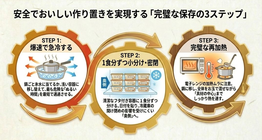 STEP1：爆速で急冷する、STEP2：小分けして冷蔵庫の奥側へ、STEP3：お玉で混ぜながら完璧に再加熱する、という安全な保存の具体的な流れ。