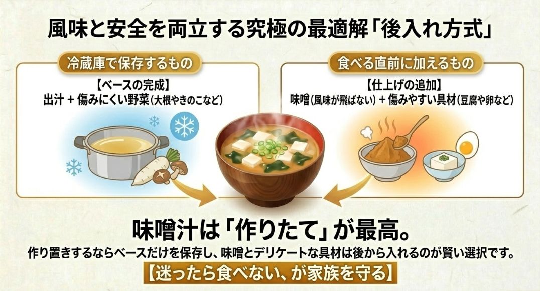 出汁と傷みにくい野菜だけの「ベース」を保存し、食べる直前に味噌とデリケートな具材を加えることで、おいしさと安全を両立させる「後入れ方式」の解説図。
