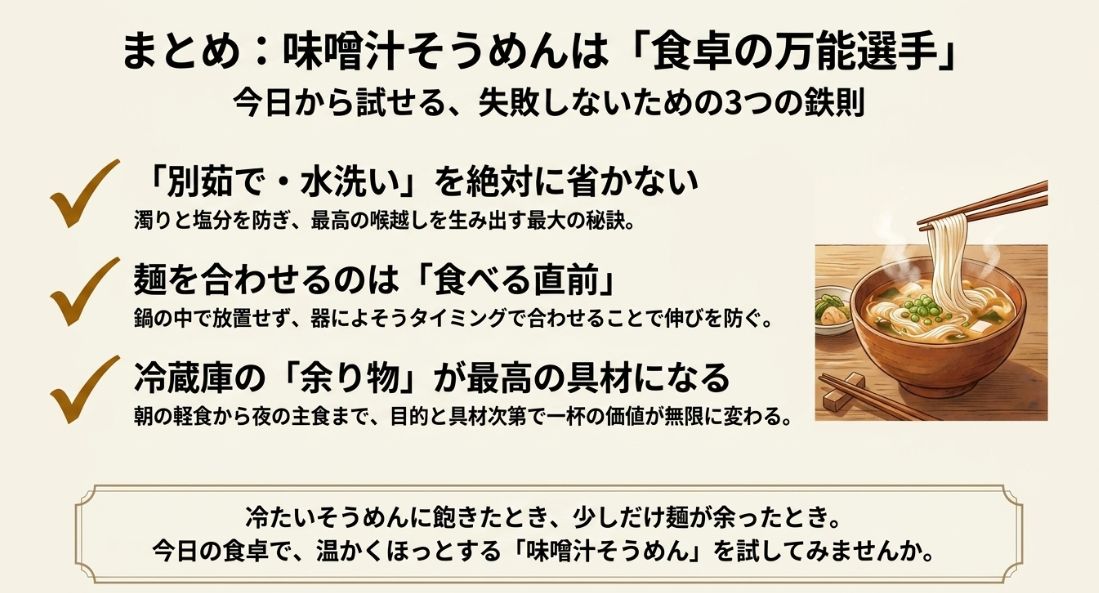 「別茹で・水洗い」「食べる直前に合わせる」「余り物を活用する」という、失敗を防ぐための重要ポイントのまとめ