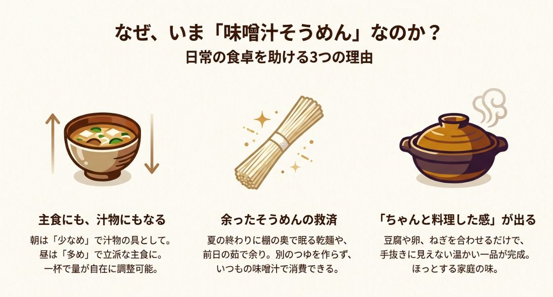 味噌汁そうめんが日常の食卓を助ける理由として「主食と汁物の両立」「余った麺の救済」「手抜きに見えない料理感」を挙げた解説図