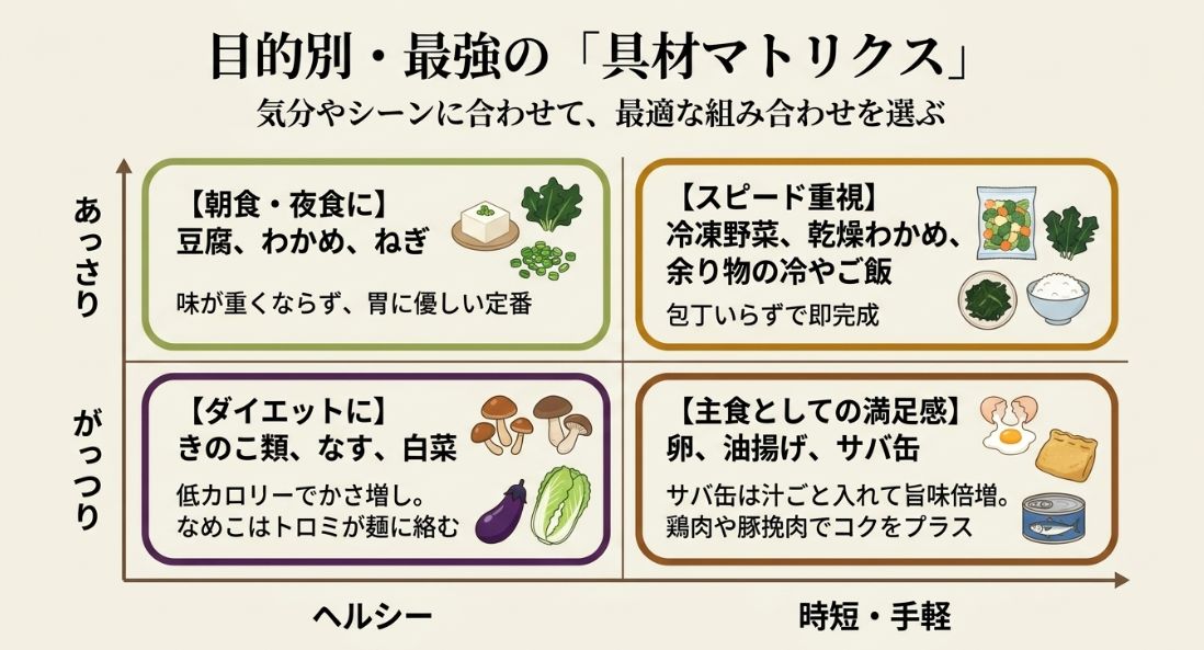 朝食・ダイエット・時短・主食満足感の4つの目的別に最適な具材（豆腐、なす、冷凍野菜、サバ缶など）をまとめた表