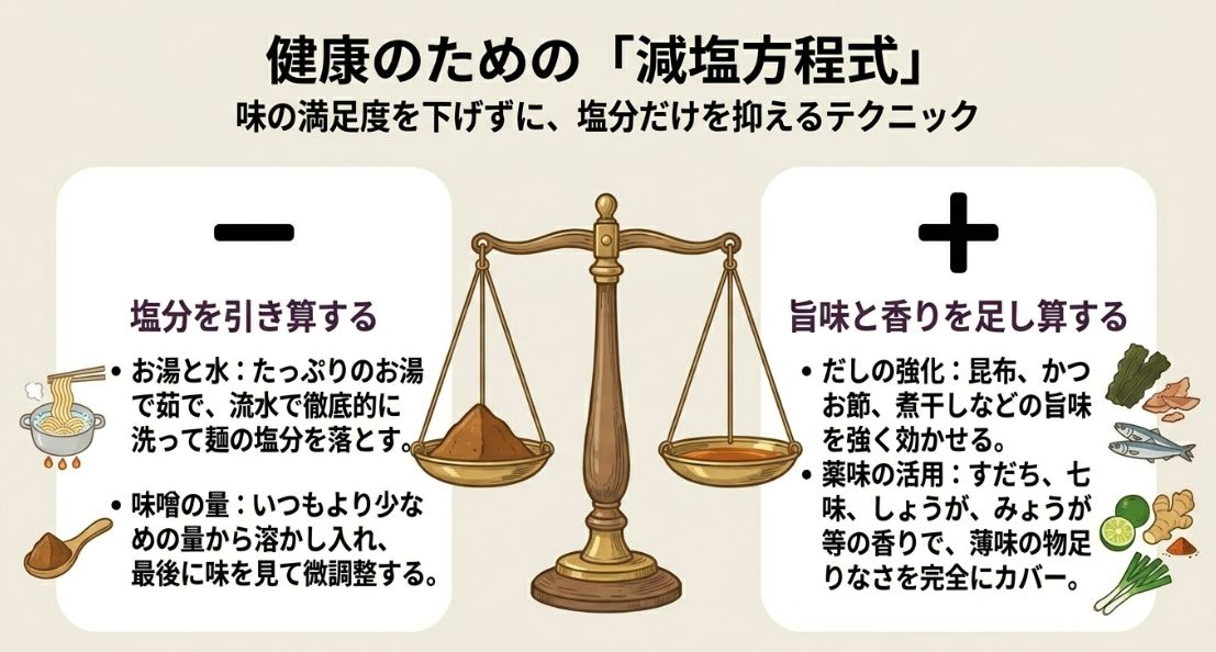 麺の洗浄や味噌の調整による「塩分の引き算」と、だしや薬味の活用による「旨味の足し算」を説明した図解