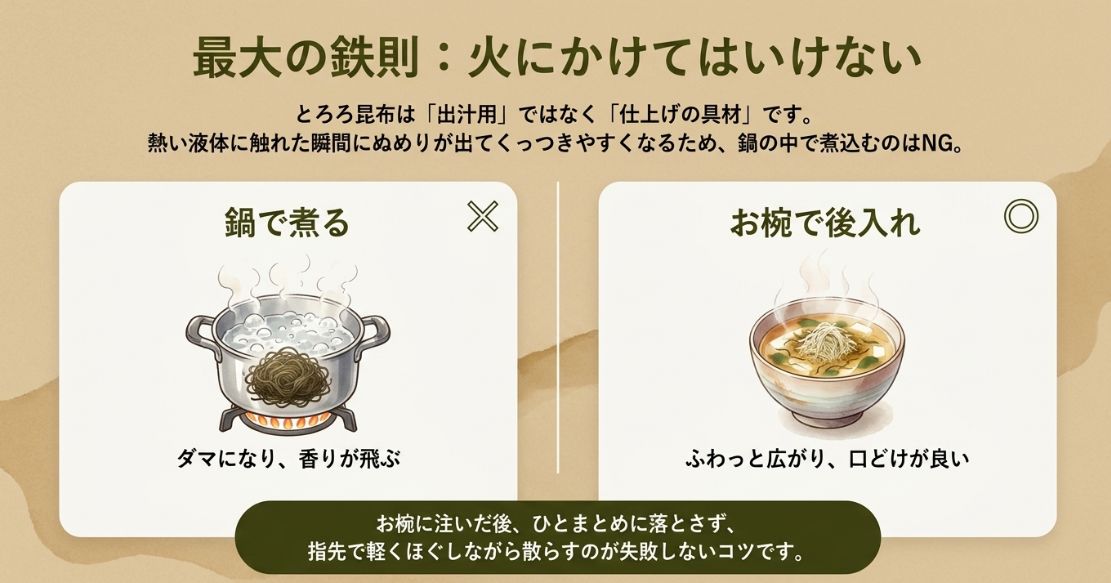 鍋で煮るのはNG（ダマになる）、お椀で後入れがOK（口どけが良い）であることを比較した解説イラスト。