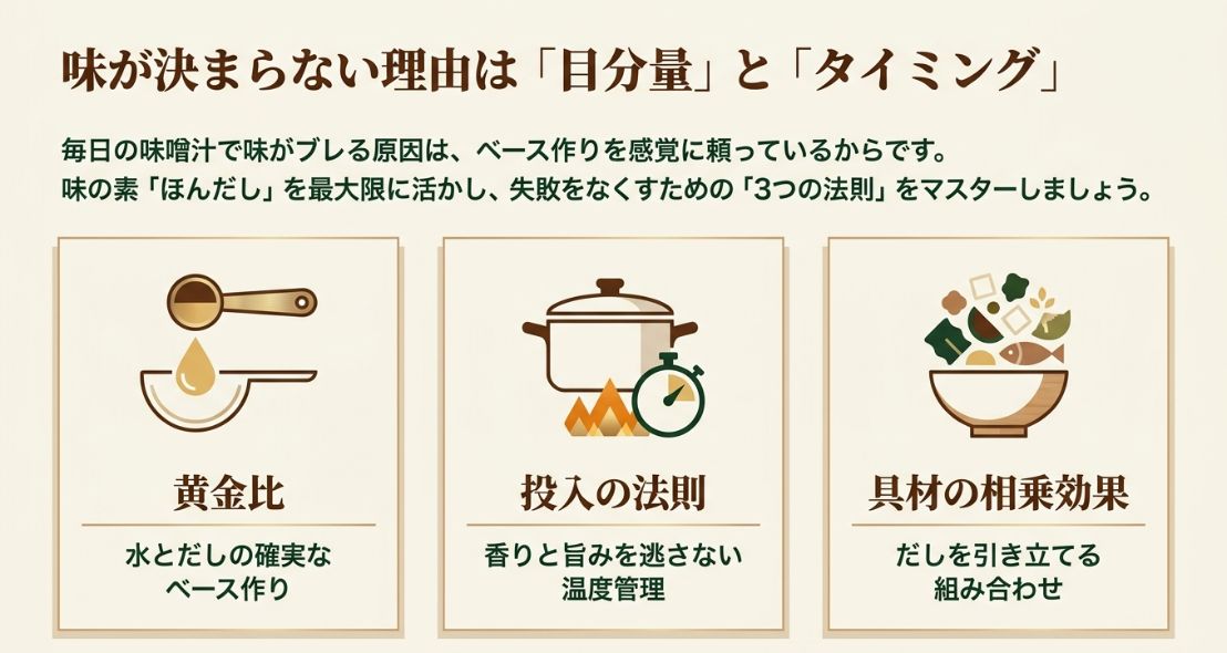 味のブレをなくすための基本と「投入の法則」の概要。温度管理が香りと旨みを守る鍵であることを示している。