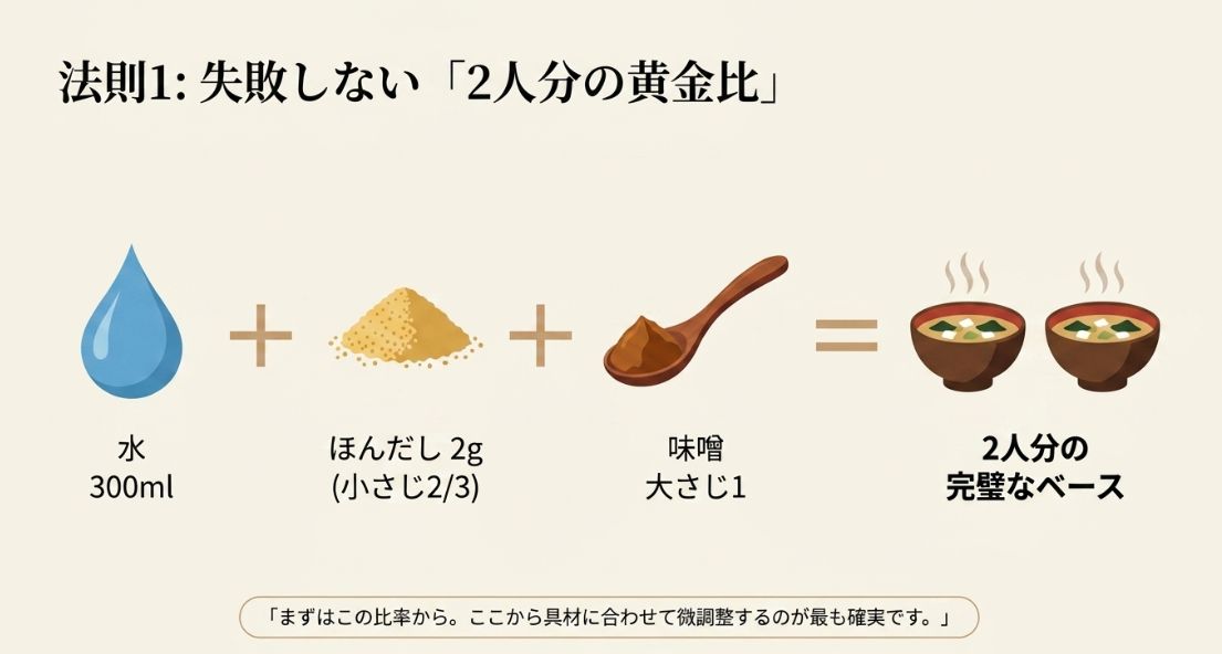水300ml、ほんだし2g（小さじ2/3）、味噌大さじ1という、2人分の味噌汁の完璧なベースとなる比率を示した図解。