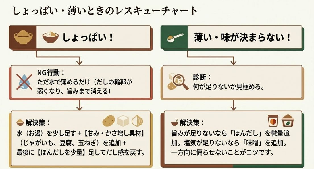  味噌汁がしょっぱすぎたり、味が薄かったりする場合の具体的な診断と解決策をまとめたトラブルシューティングチャート。 