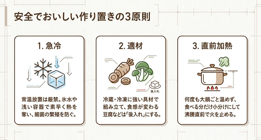 急冷・適材・直前加熱の3原則を解説した図解。常温放置厳禁、豆腐は後入れなどのポイント。