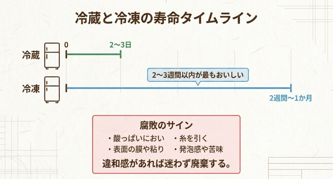 冷蔵2〜3日、冷凍2〜4週間の寿命タイムラインと、酸っぱい臭いや粘りなどの腐敗サインのリスト 。