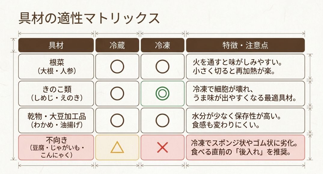 根菜、きのこ、乾物は適性が高く、豆腐やじゃがいもは不向きであることを示すアイコン付きの表 。