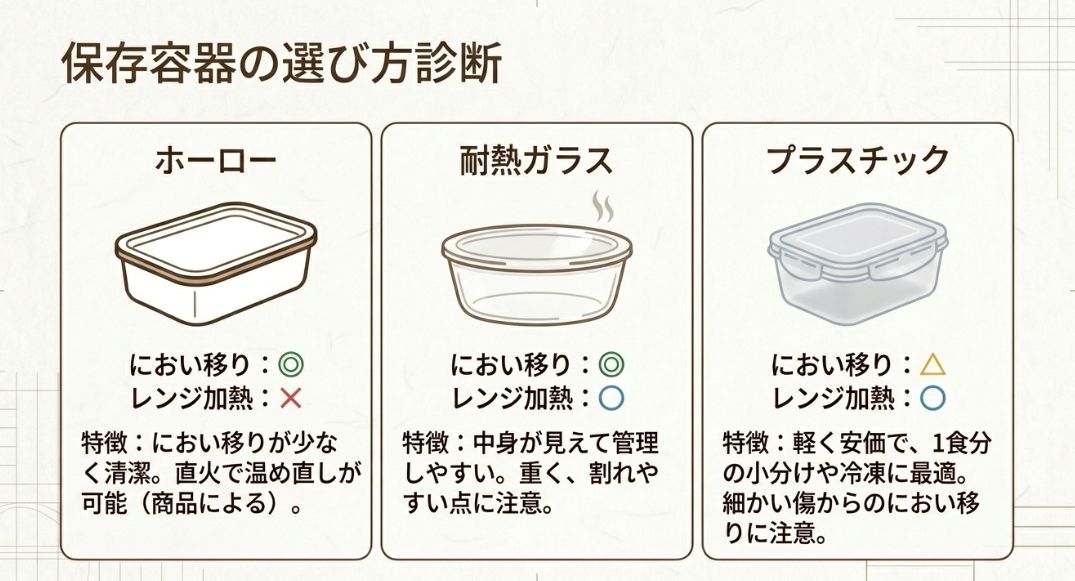 ホーロー、耐熱ガラス、プラスチックの3種類について、におい移りやレンジ可否を比較した図 。