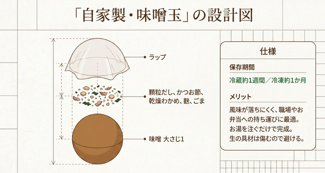 1食分の味噌と具材（乾物）をまとめる味噌玉の作り方、保存期間（冷蔵1週/冷凍1か月）の解説 。