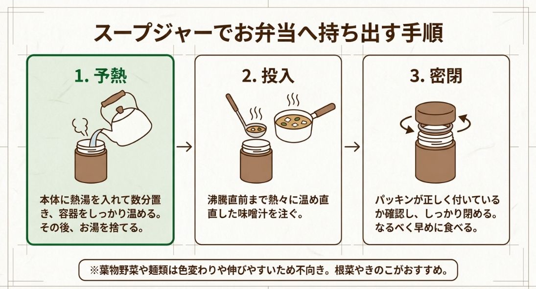 1.予熱、2.投入、3.密閉の正しい手順と、根菜やきのこがおすすめであることの解説 。