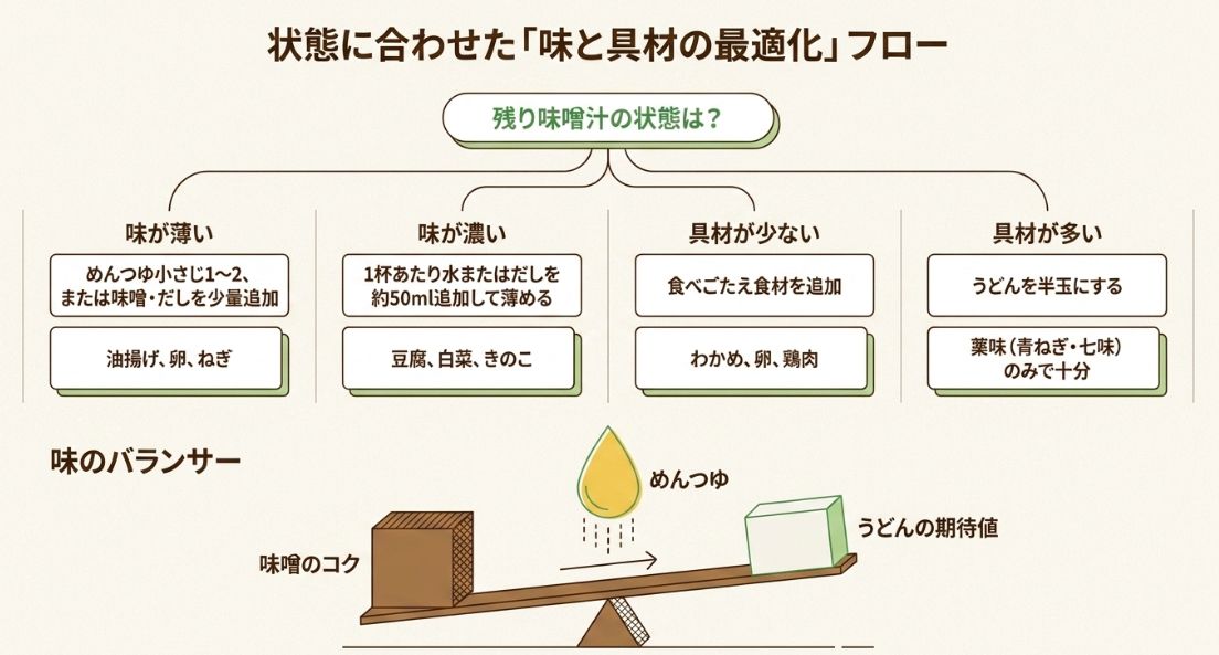 味噌汁が「薄い」「濃い」「具材が少ない」「多い」の4つの状態別に、めんつゆや水での調整方法とおすすめの追加食材をまとめたフローチャート。