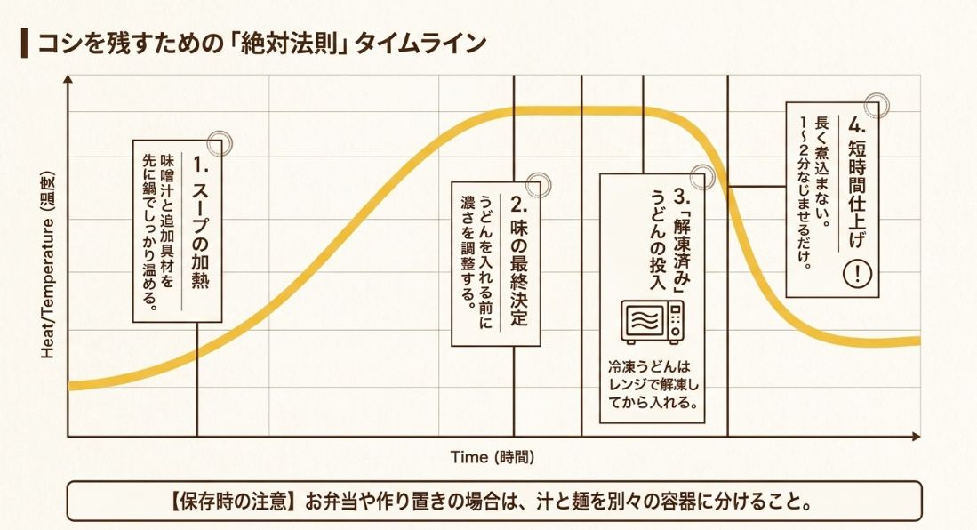 スープの加熱から味の決定、レンジ解凍したうどんの投入、1〜2分の短時間仕上げまでを時間軸で示したグラフ。