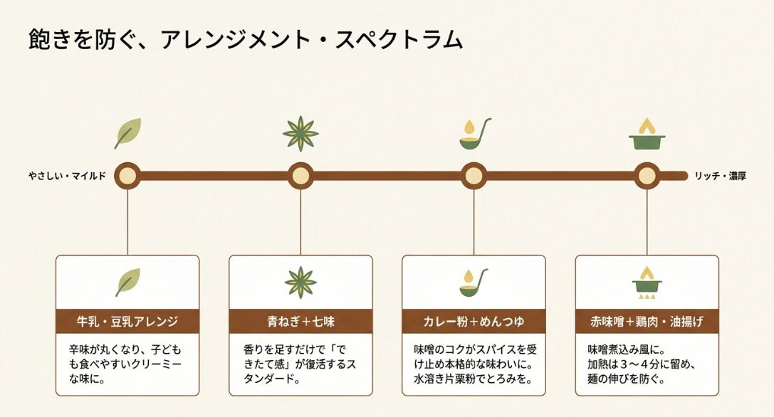牛乳・豆乳（マイルド）から、青ねぎ・七味（スタンダード）、カレー粉、赤味噌・鶏肉（濃厚）まで、味の方向性を示したアレンジの分布図。