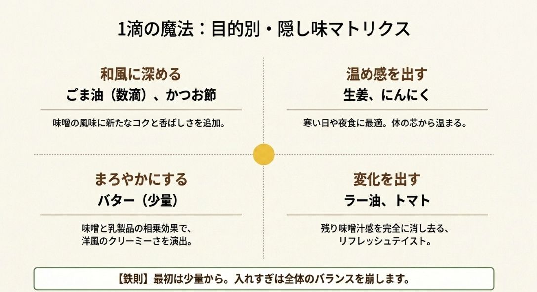 和風、温め、まろやか、変化の4つの目的別に、ごま油、生姜、バター、ラー油などの隠し味の効果をまとめた図解。