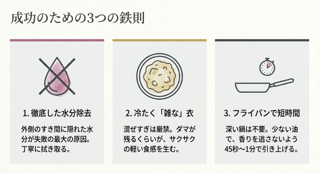 失敗しないための3つの重要ポイント(徹底した水分除去、冷たくて雑な衣、フライパンでの短時間調理)をまとめた図解。
