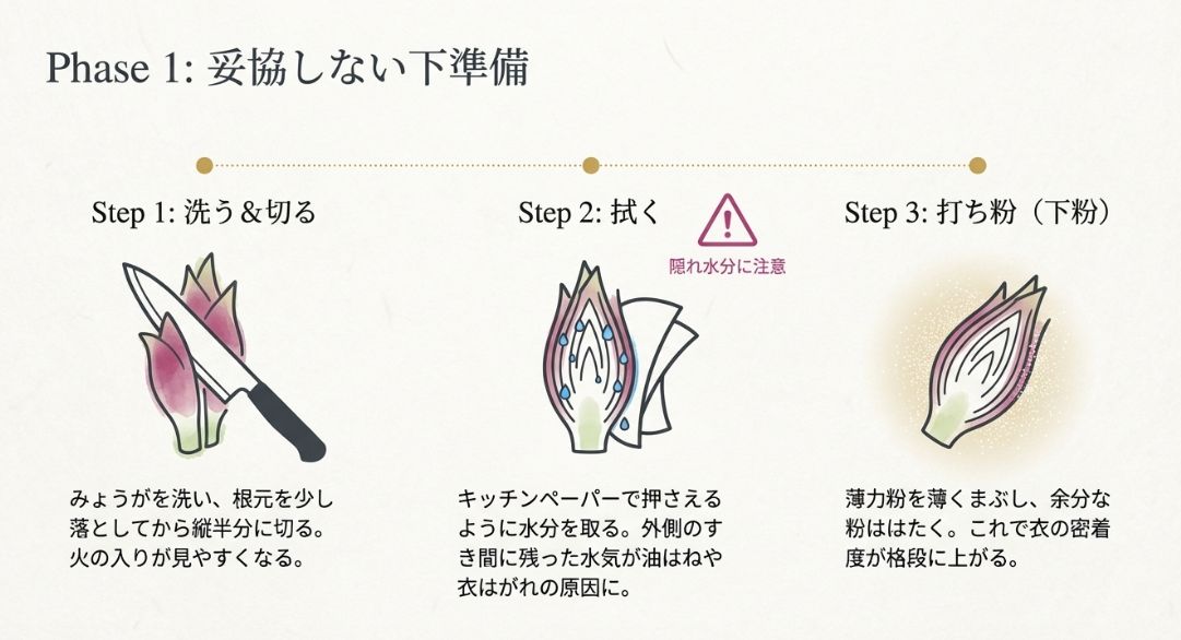 みょうがを洗って切り、水分を丁寧に拭き取ってから打ち粉をするまでの下準備の手順を示したイラスト。