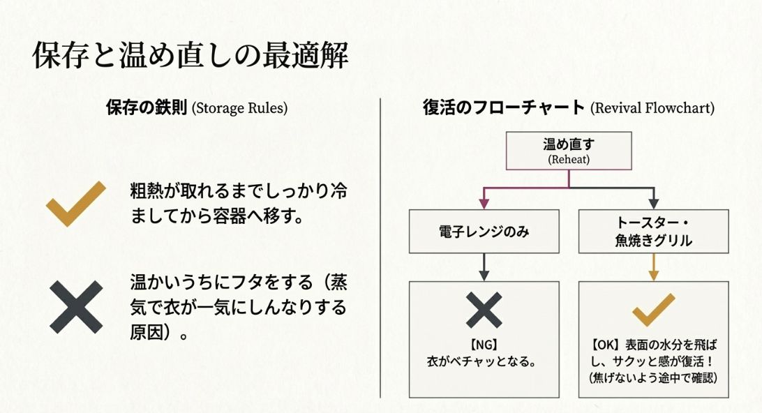 電子レンジは衣がべちゃっとなるためNG、トースターやグリルで表面の水分を飛ばすとサクッと感が復活することを示すフローチャート。