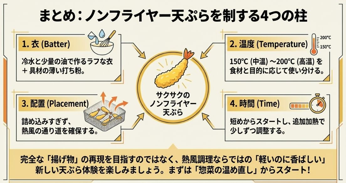 衣、温度、配置、時間の4つのポイントを凝縮した、ノンフライヤー天ぷら成功のためのチェックリスト。