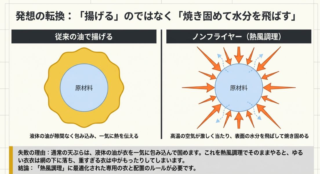 油で揚げる調理とノンフライヤー（熱風調理）の熱の伝わり方の違いを図解し、焼き固めて水分を飛ばす仕組みを説明する図。