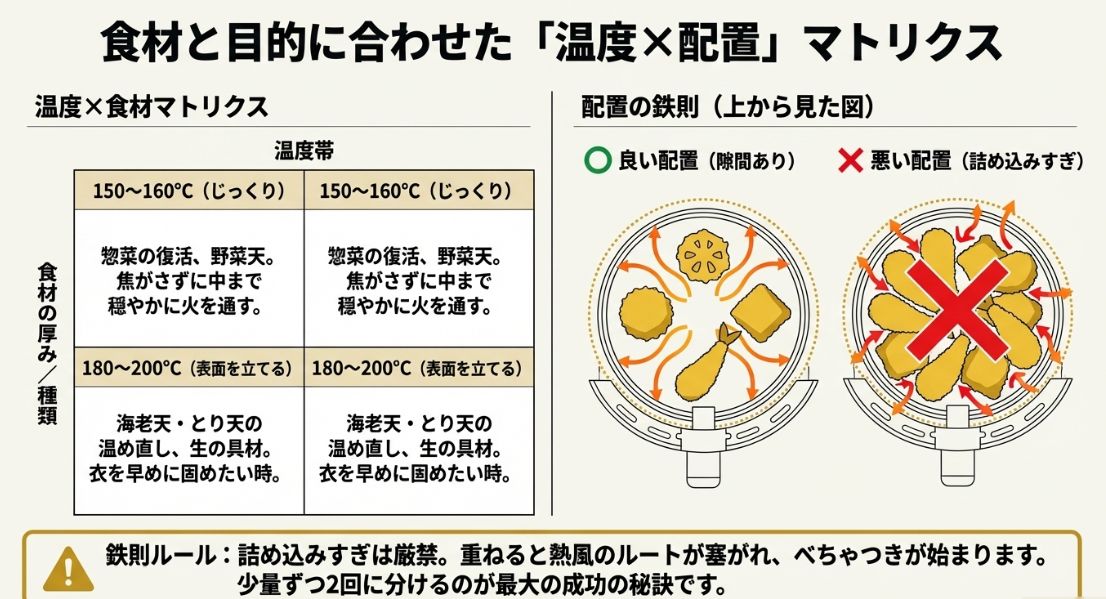 海老天や野菜天などの食材に合わせた温度帯（150℃〜200℃）と、熱風を遮らないための正しい配置ルールをまとめたマトリクス図。