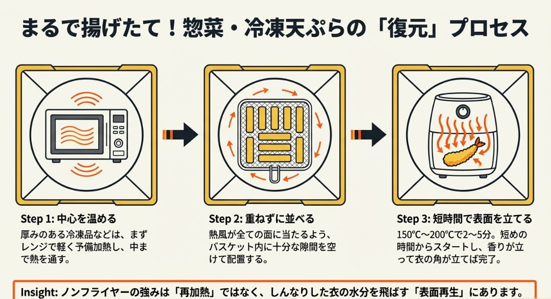 中心をレンジで温め、重ねずに並べ、短時間で表面を仕上げる「まるで揚げたて」にするためのプロセス図。