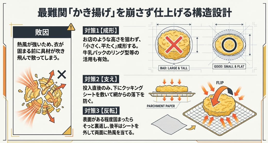 かき揚げを崩さず仕上げるための、小さく平らな成形方法、クッキングシートの活用、裏返しのタイミングの解説図。