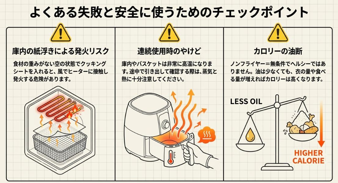 庫内での発火リスク（紙浮き）、連続使用時の火傷、カロリーの油断など、安全に使うための注意点をまとめた図。