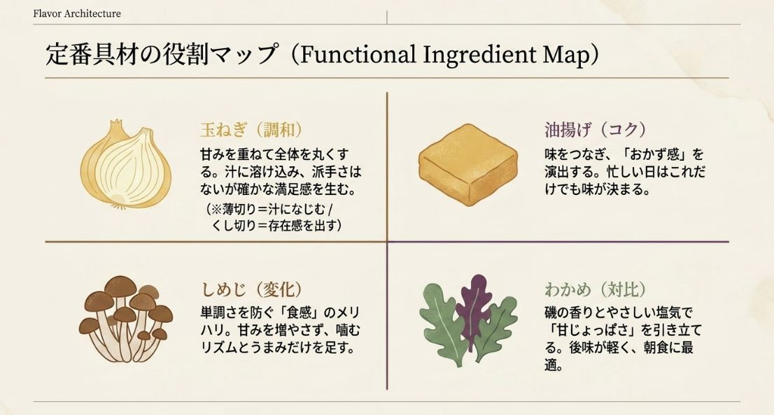 玉ねぎ（調和）、油揚げ（コク）、しめじ（変化）、わかめ（対比）の4つの具材が、さつまいも味噌汁の中でどのような役割を果たすかを解説したイラスト。