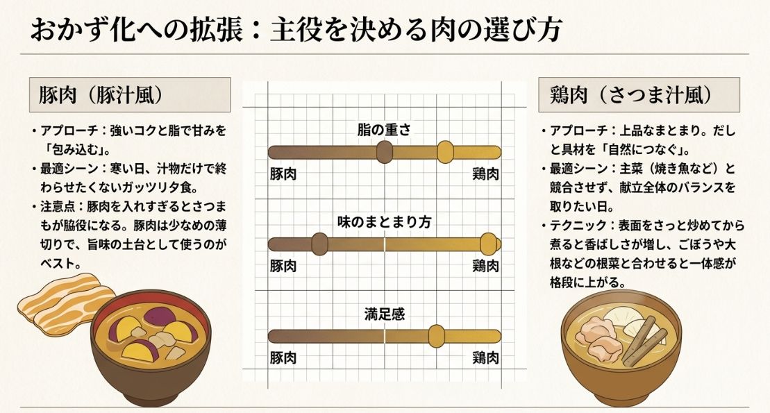 豚肉と鶏肉を比較した図。脂の重さ、味のまとまり方、満足感の3項目について、スライダー形式で特徴の違いを示している。