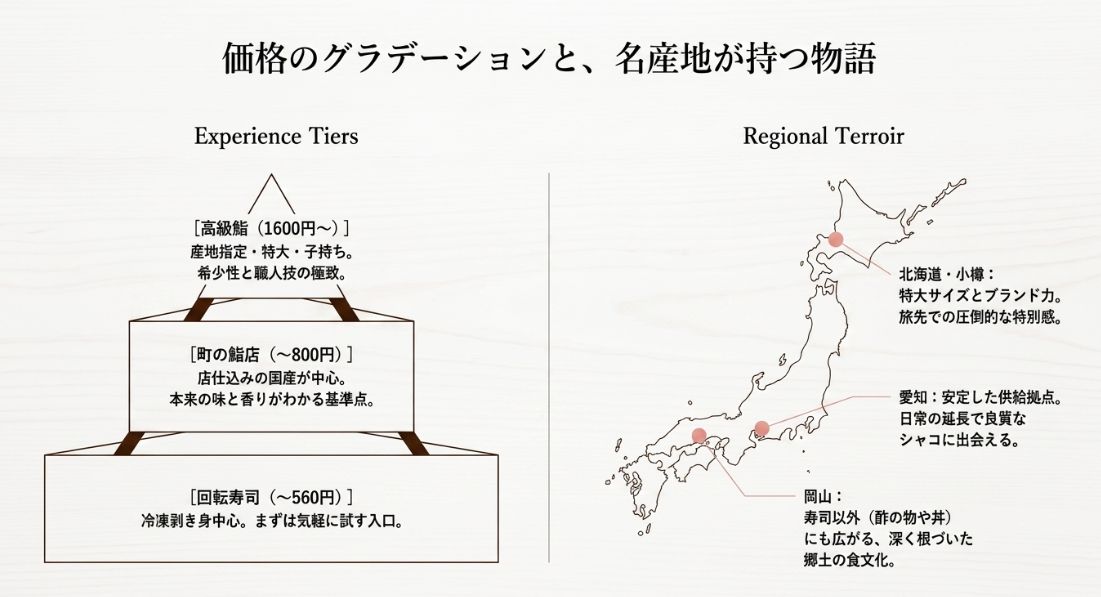 回転寿司から高級店までの価格階層と、北海道・愛知・岡山の主要産地の特徴をまとめたスライド