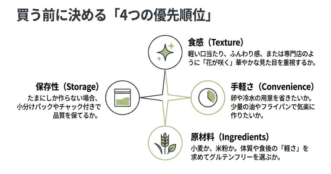 保存性、食感、手軽さ、原材料の4つの視点から自分に合う商品を見極めるポイントをまとめた図解 。
