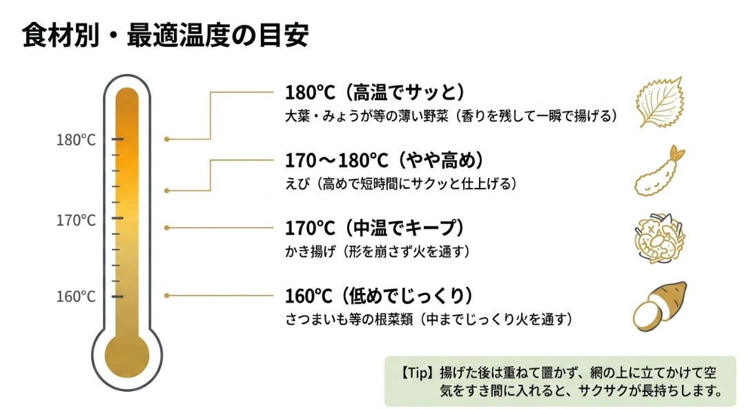 さつまいもは 160°C 、かき揚げは 170°C 、えびは 170～180°C 、大葉は 180°C など、食材ごとの最適温度をまとめた図 。