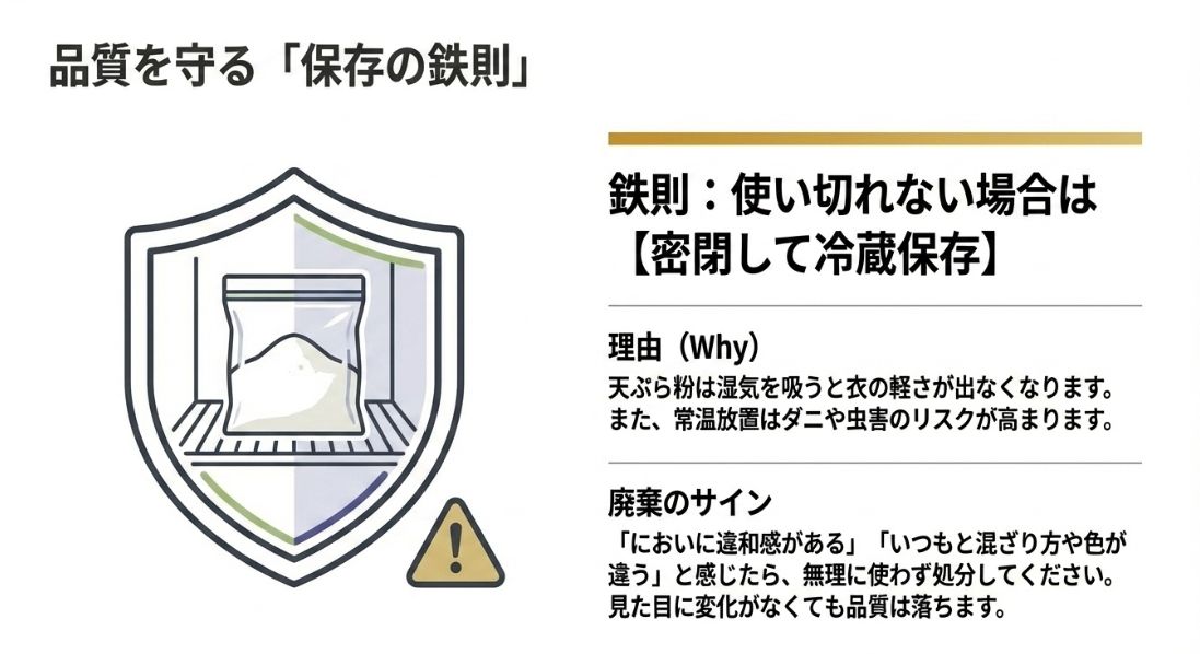 開封後は密閉して冷蔵保存すること、ダニや虫害のリスク、廃棄すべきサインについて説明したスライド 。