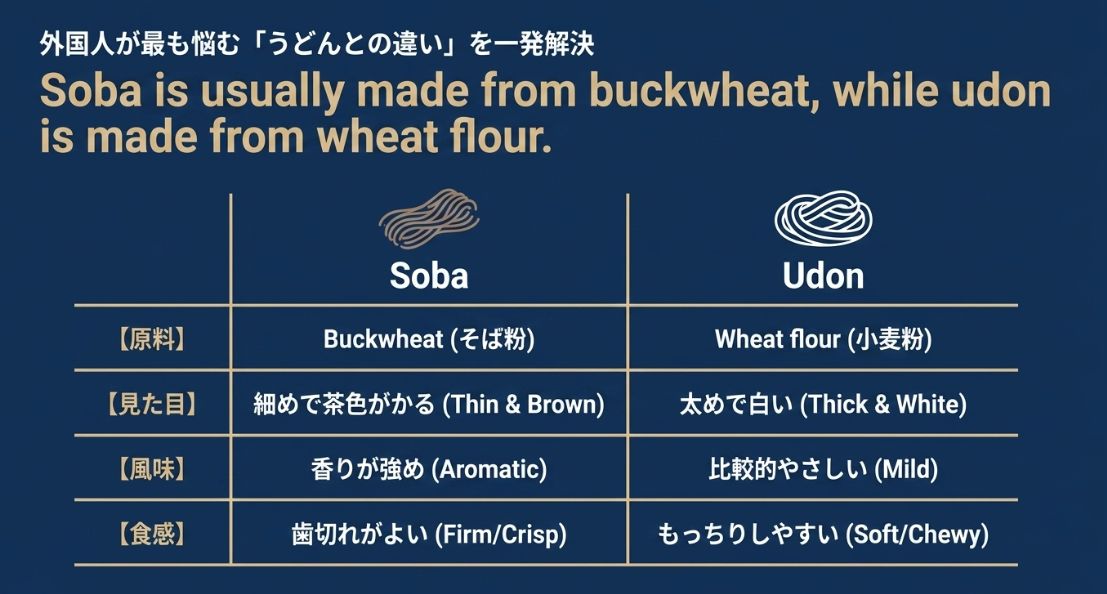 そばとうどんの違いを解決する比較表。 原料（Buckwheat vs Wheat flour）、見た目（Thin & Brown vs Thick & White）、風味（Aromatic vs Mild）、食感（Firm/Crisp vs Soft/Chewy）の4項目による比較。