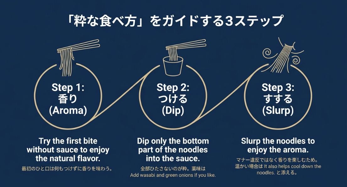 そばを粋に食べる手順を3ステップで解説。 Step 1: 香り（最初は何もつけない）、 Step 2: つける（麺の下の方だけつゆに浸す）、 Step 3: すする（香りを楽しむためにすする）という内容。