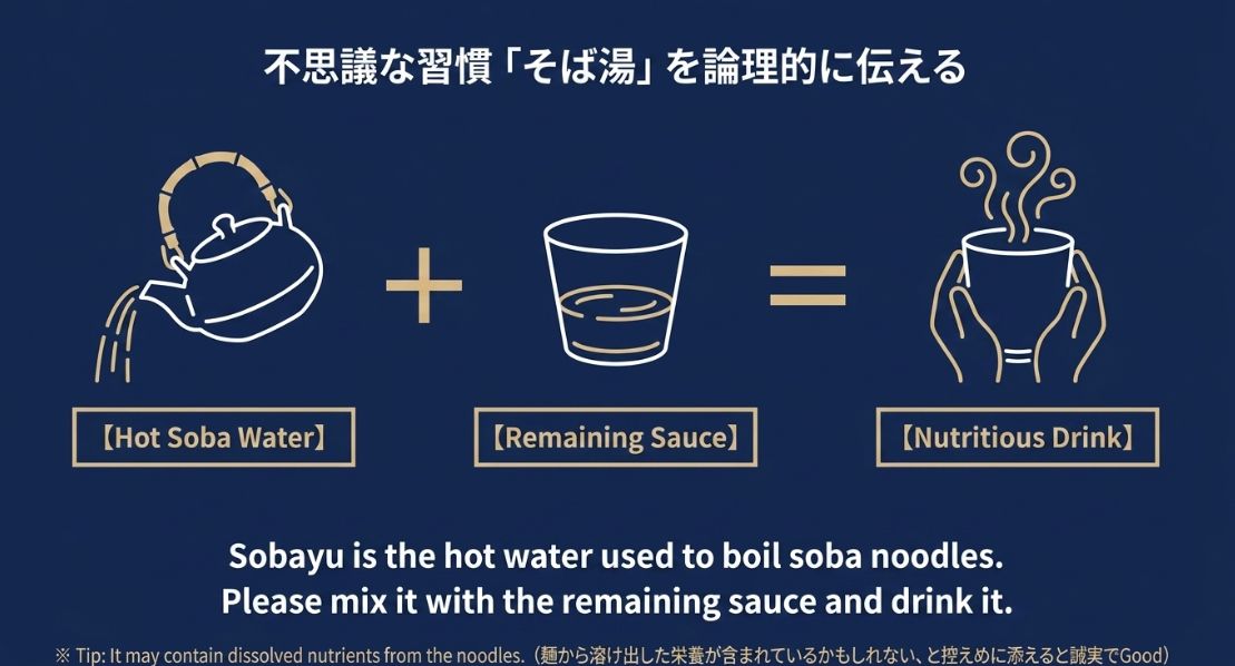 そば湯の説明図。 そばの茹で汁（Hot Soba Water）と残ったつゆ（Remaining Sauce）を合わせると、 栄養のある飲み物（Nutritious Drink）になるという方程式。 混ぜて飲むように促す英文フレーズ。